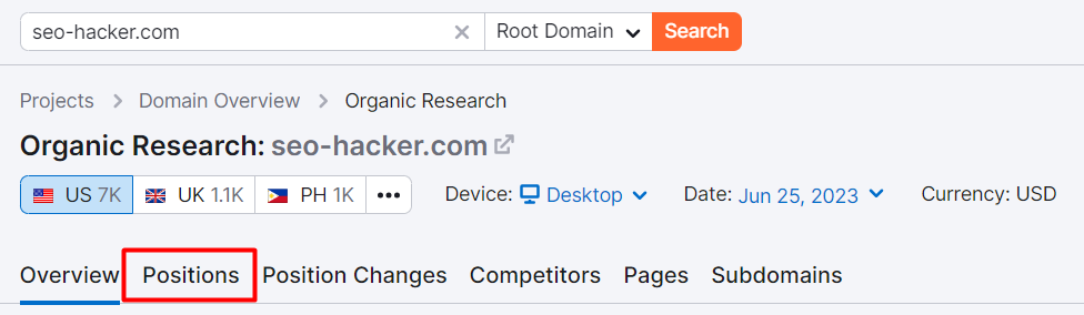 How to filter your domain data on SEMRush by position